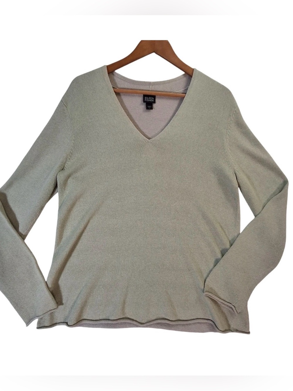 Eileen Fisher V Neck Fine Knit Sweater XL Sage Linen Silk Blend